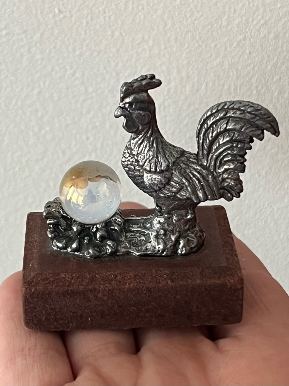 Silver Rooster Figurine on Brown Base with Clear Orb - Decorative Home Accent